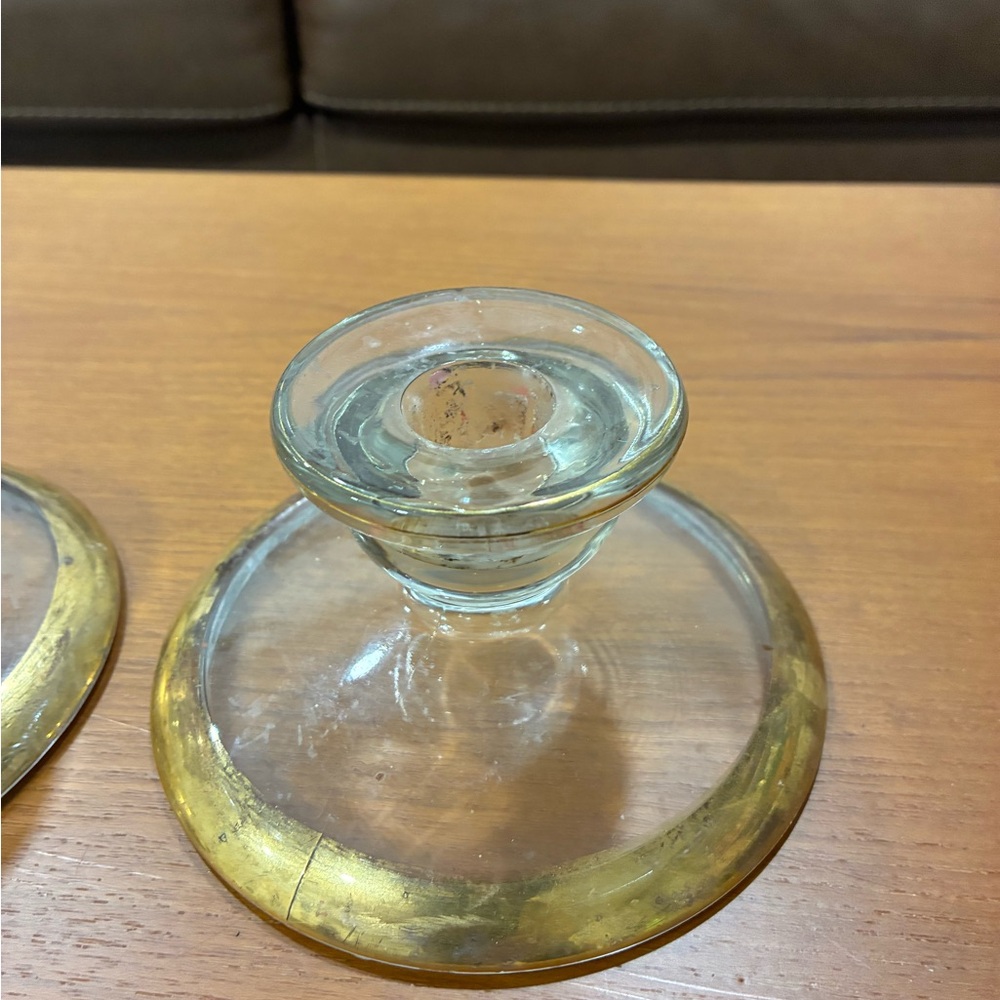 Candle Holder  Gold Trim Short Stout  1 Side For Tapers, 1 Side Holds Pillar